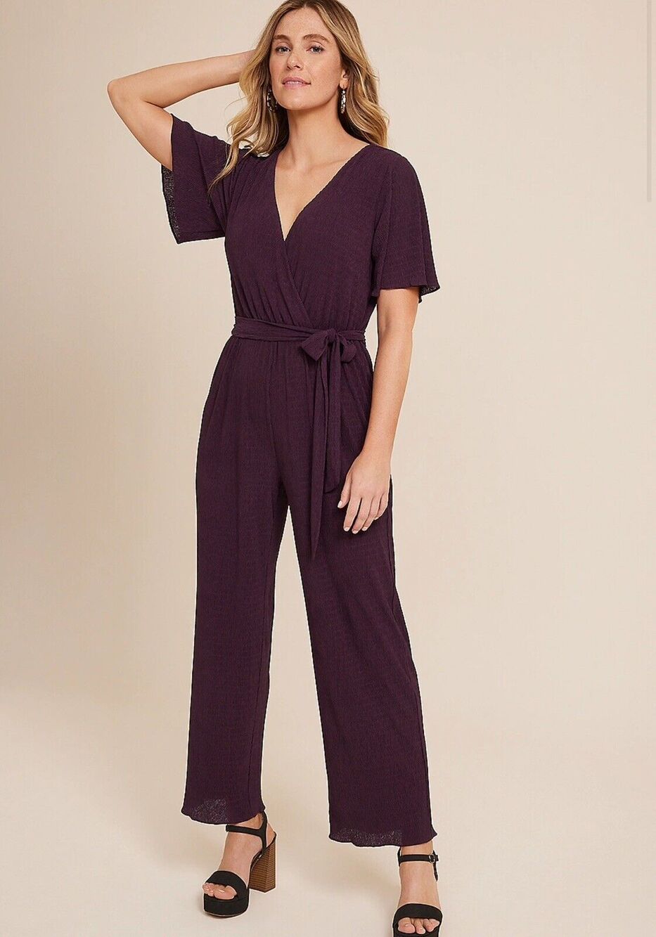 Surplice Flutter Sleeve Jumpsuit | maurices Purple women’s Small